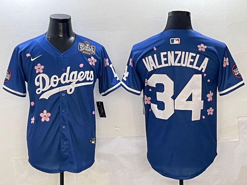 Men Los Angeles Dodgers #34 Valenzuela Blue Sakura Edition 2025 Nike MLB Jersey style 6->los angeles dodgers->MLB Jersey